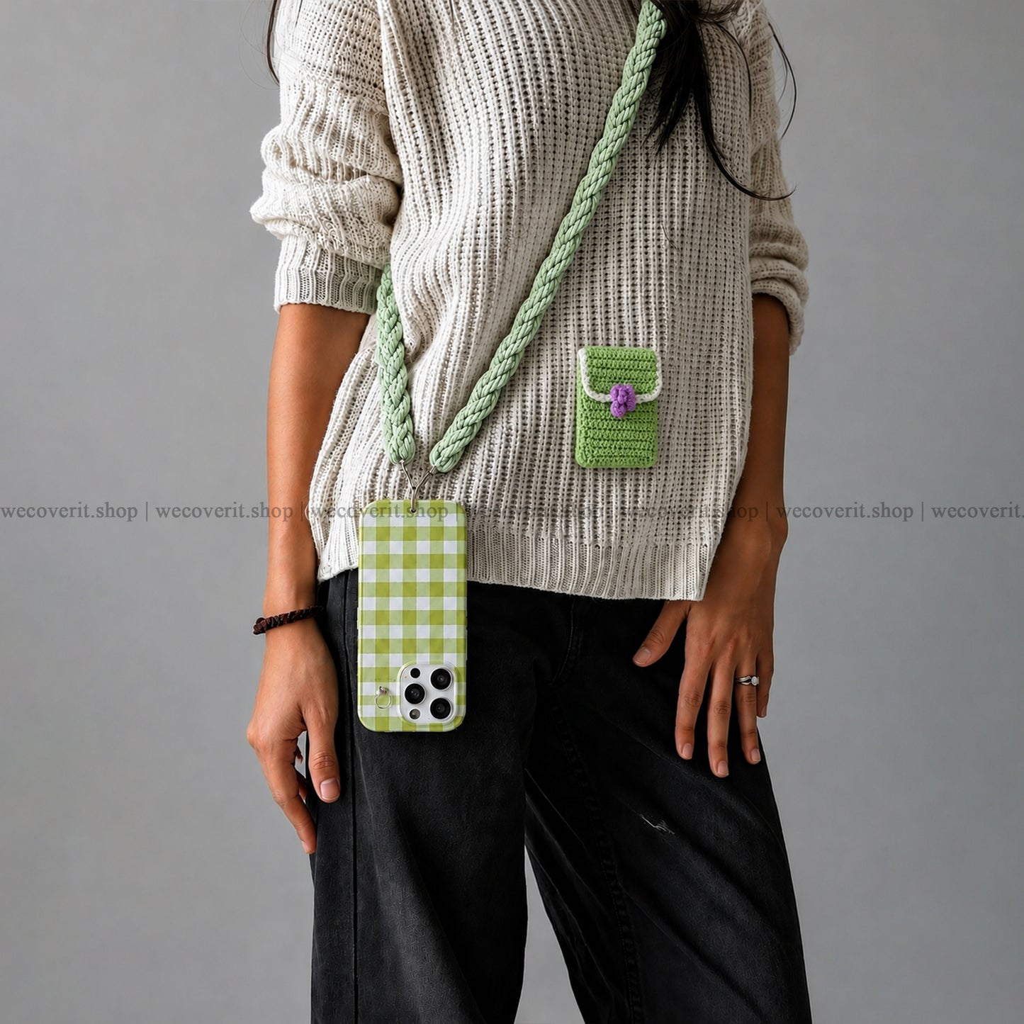 Crochet Green Phone Slings with Pocket