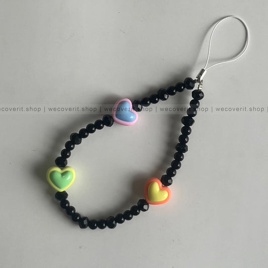 Black Pearl With Colored Hearts Mobile Charm