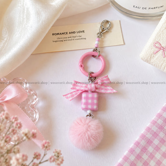 Pink Gingham Puff Charm With Holder