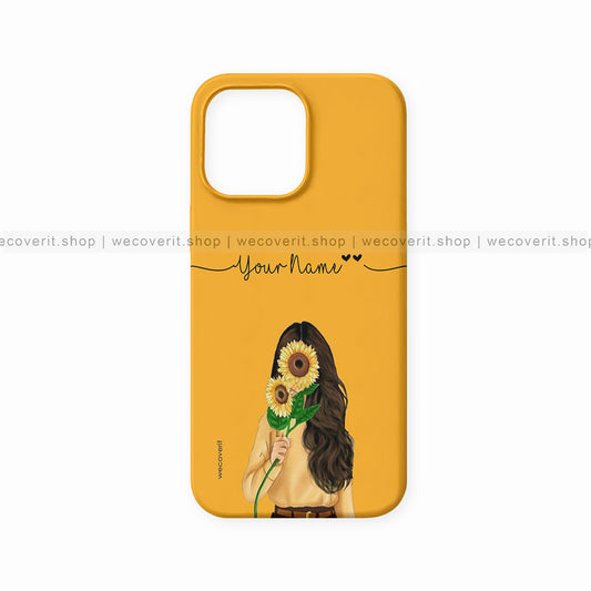 Yellow Girl with Sunflower Illustration Name Mobile Cover