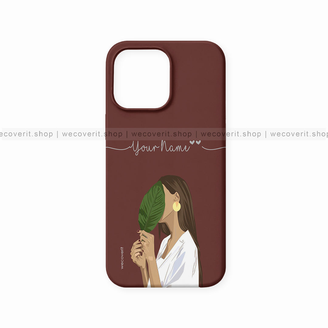 Maroon Girl with Leaf Illustration Name Mobile Cover