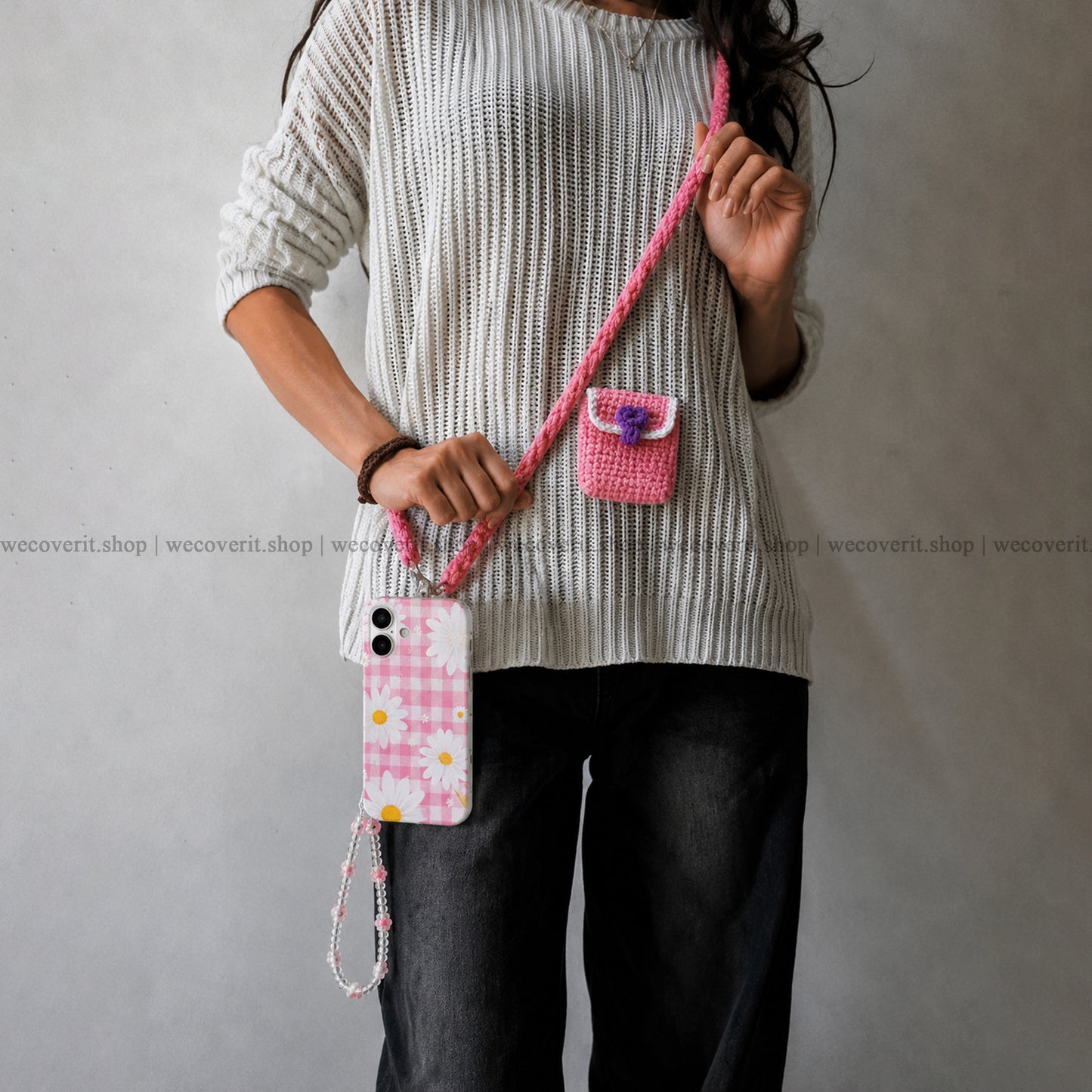 Crochet Pink Phone Slings with Pocket